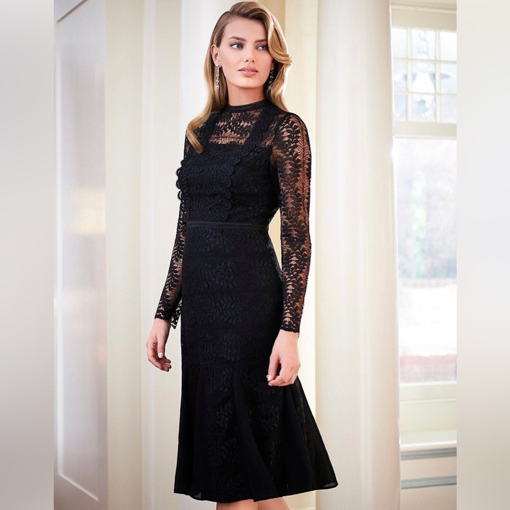 Antonio Melani Black Monette Illusion Lace Sleeve Flounce Hem Midi Dress